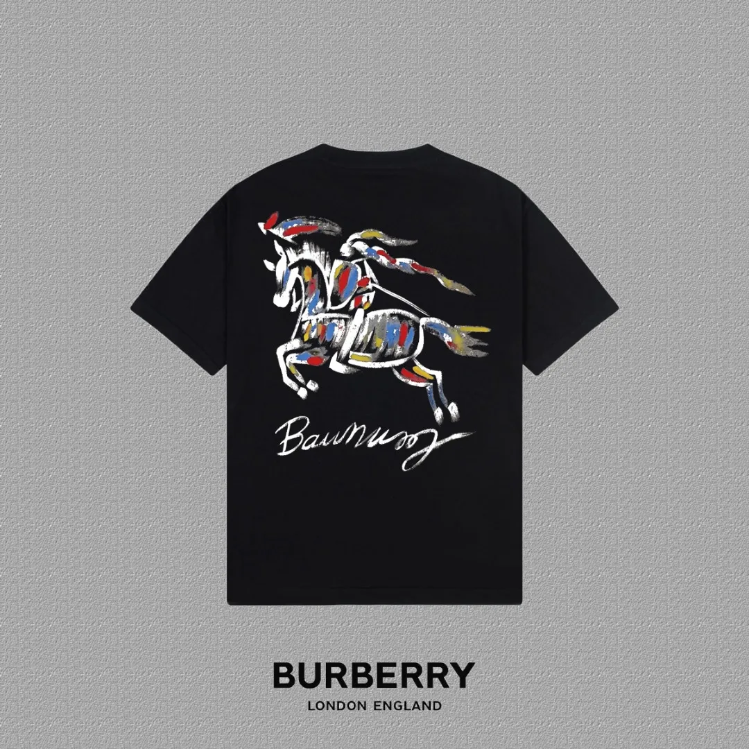 P80✨🔥 [Burberry] 2026FW short-sleeved T-shirt BBR letter LOGO printing Premium 26s double yarn 300g fabric Heavy fabric Customized frame rib same cylinder dyeing Complete three labels Men and women Same Style Color: Black White Blue Size: S M L XL 2XL
